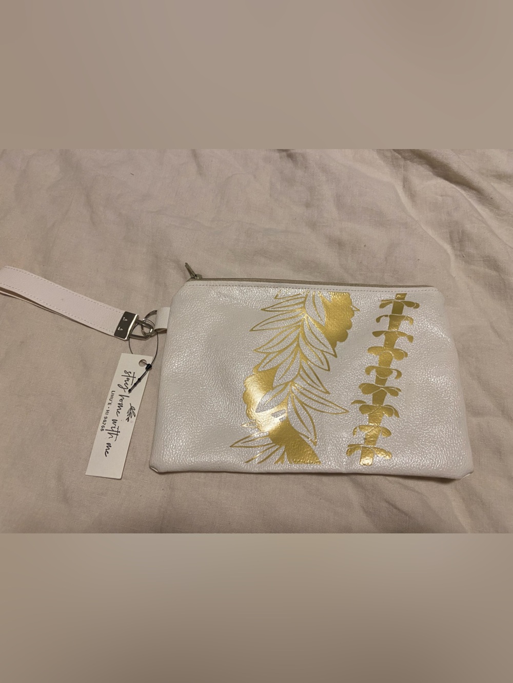 White Wristlet Clutch with Gold Lei Detail NWT